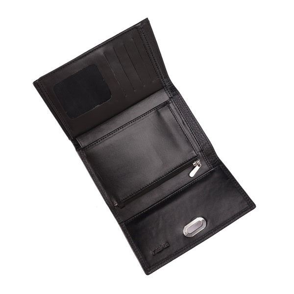 محفظة جلدية بإغلاق بأزرار معدنية