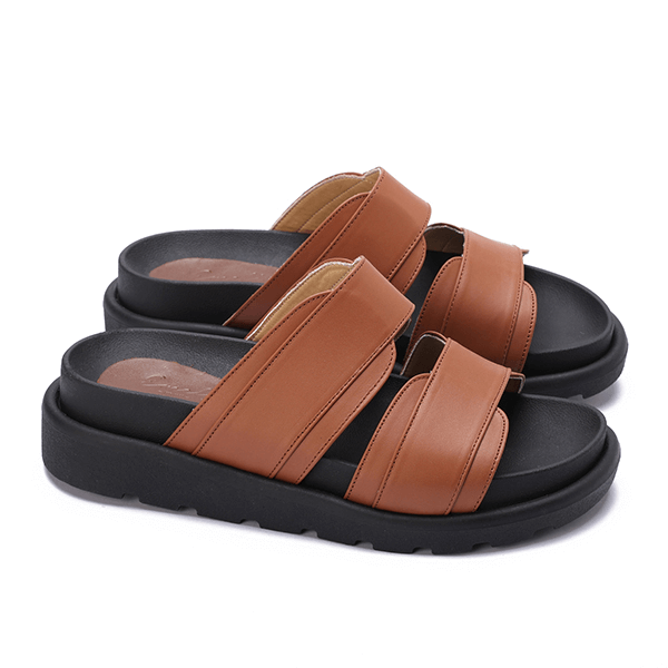 Double Wide-Strap Leather Slides