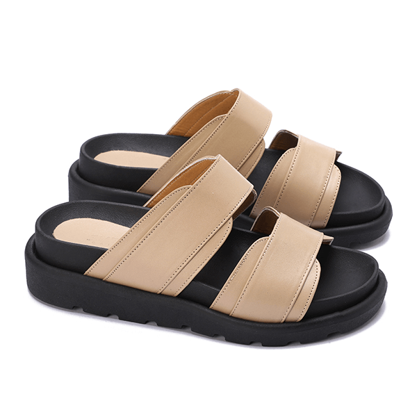 Double Wide-Strap Leather Slides