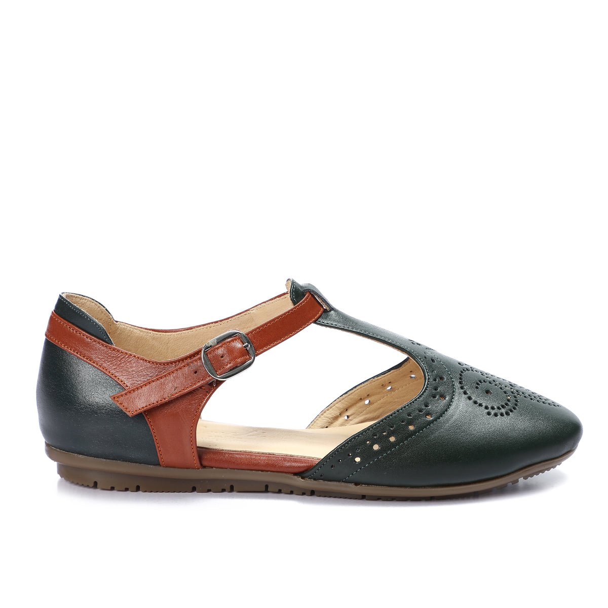 Closed Leather Ankle-Strap Sandals with Unique Front Design