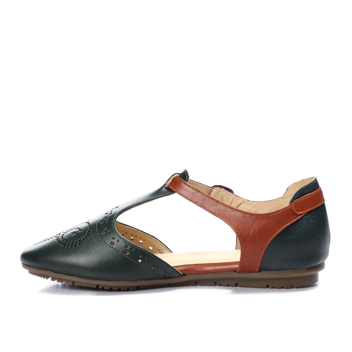 Closed Leather Ankle-Strap Sandals with Unique Front Design
