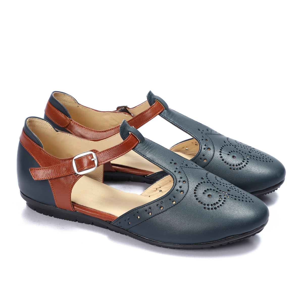 Closed Leather Ankle-Strap Sandals with Unique Front Design