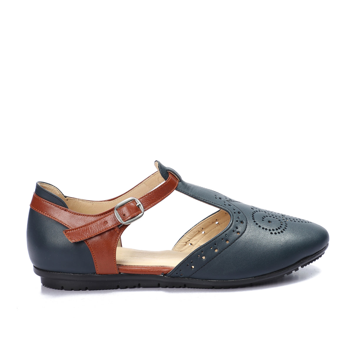 Closed Leather Ankle-Strap Sandals with Unique Front Design