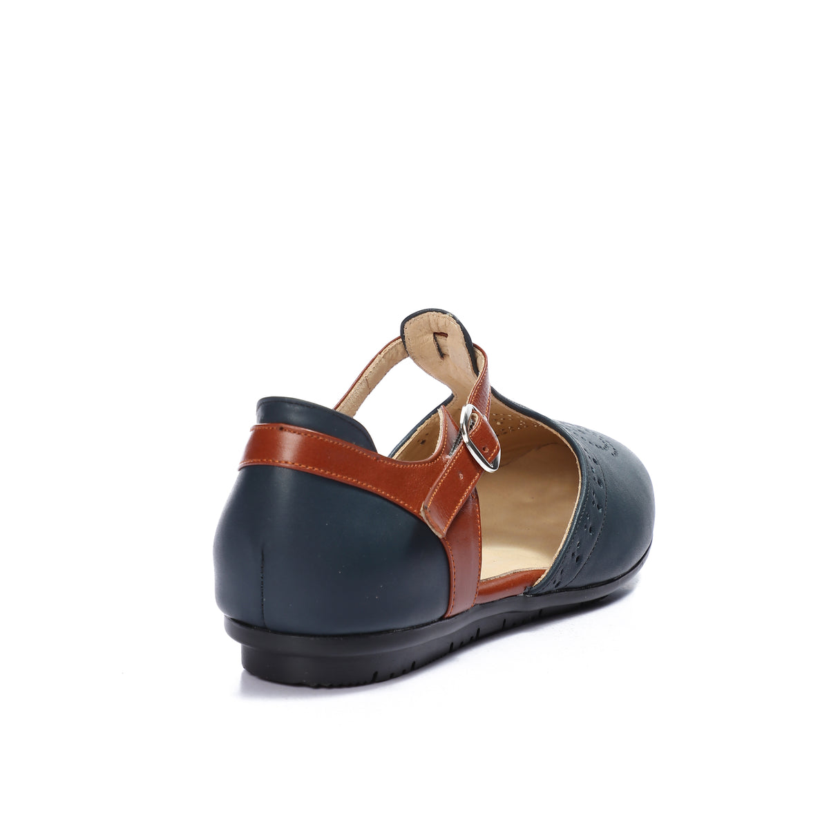 Closed Leather Ankle-Strap Sandals with Unique Front Design