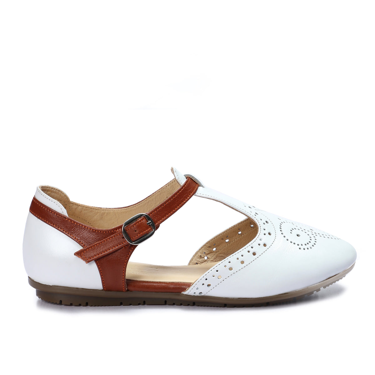 Closed Leather Ankle-Strap Sandals with Unique Front Design