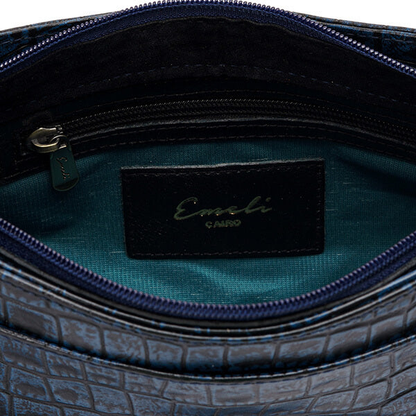 حقيبة كتف جلدية بطبعة باللون الأزرق الداكن