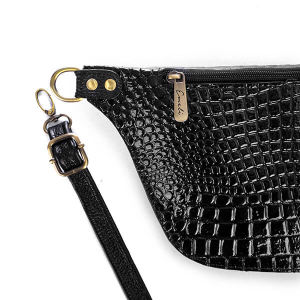 Black Varnish Croc Vintage Fanny Pack - Emeli Leather Store