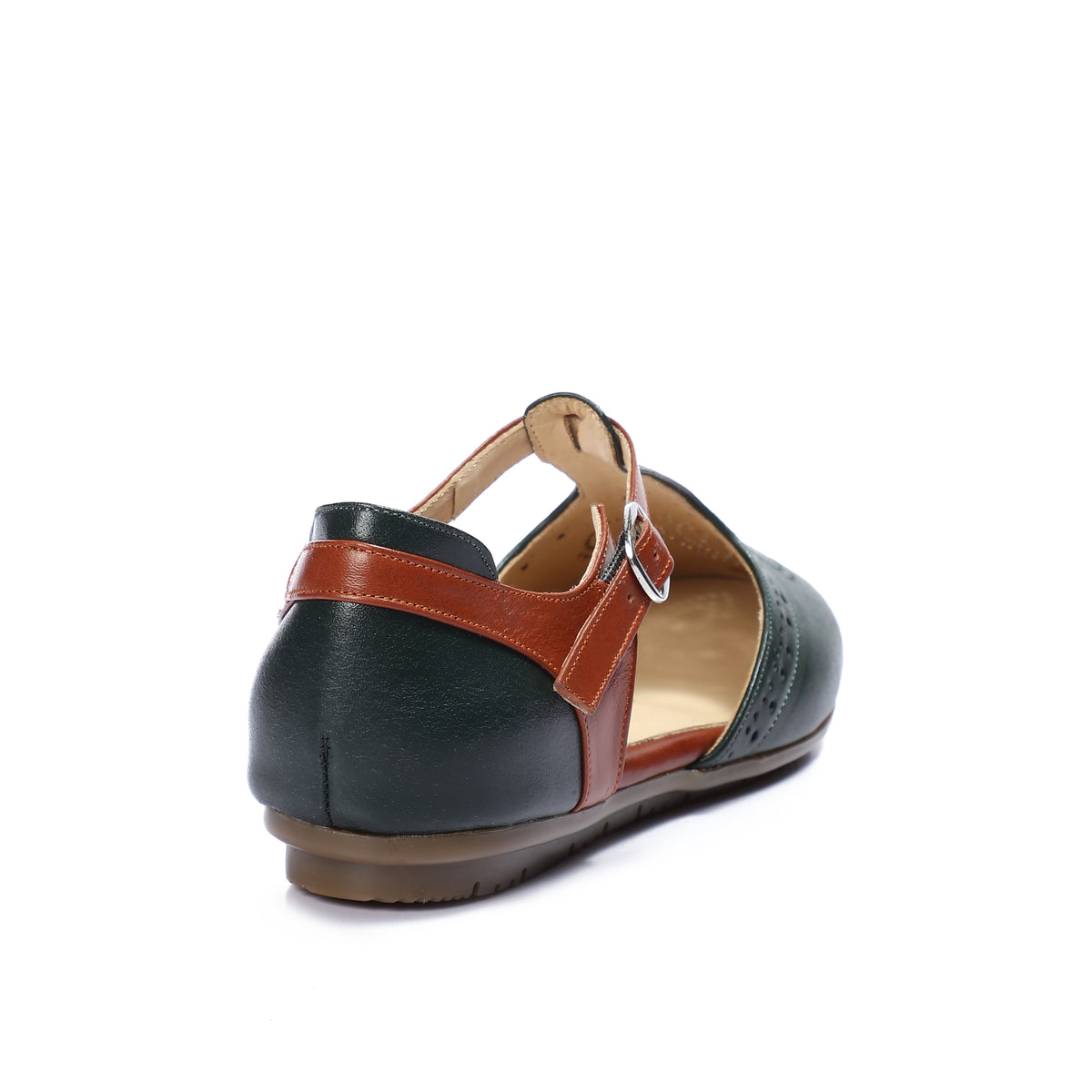 Closed Leather Ankle-Strap Sandals with Unique Front Design