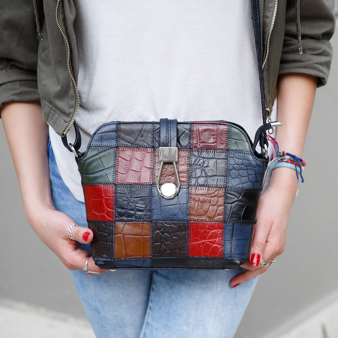 Patchwork * Black Crossbody Bag With Buckle - Emeli Leather Store