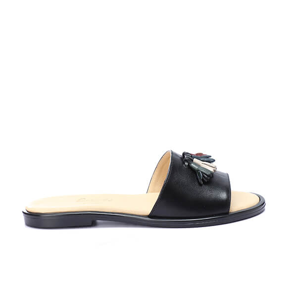 Black Leather Tassel Slippers - Emeli Leather Store