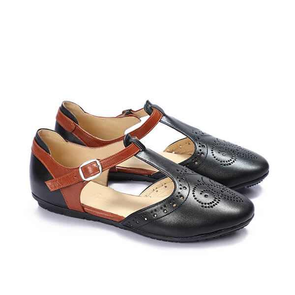 Black * Havana Matt Ankle Strap Flats - Emeli Leather Store