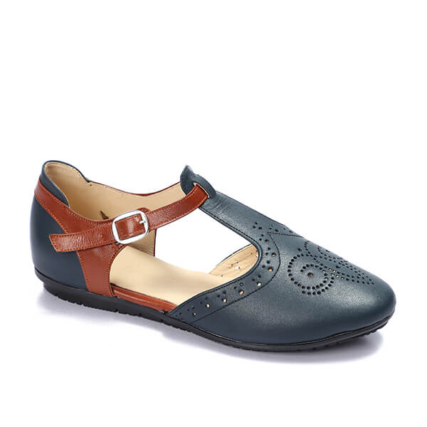 Navy Blue * Havana Veg Ankle Strap Flats - Emeli Leather Store