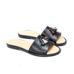 Black Leather Tassel Slippers - Emeli Leather Store