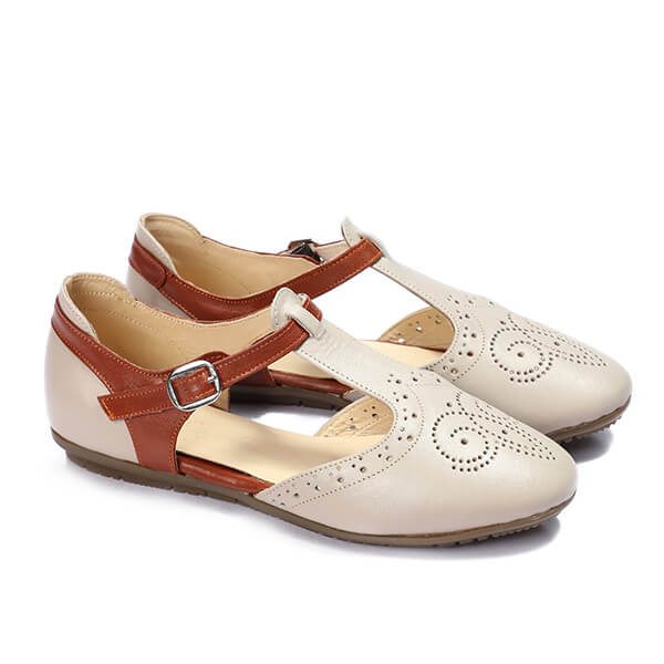 Beige * Havana Ankle Strap Flats - Emeli Leather Store