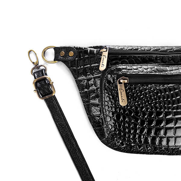 Black Varnish Croc Vintage Fanny Pack - Emeli Leather Store